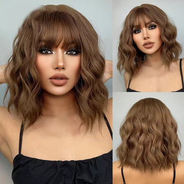 Short Wavy Honey Brown Copper Wig – Synthetic, With Bangs, Heat-Resistant, Daily/Cosplay Use